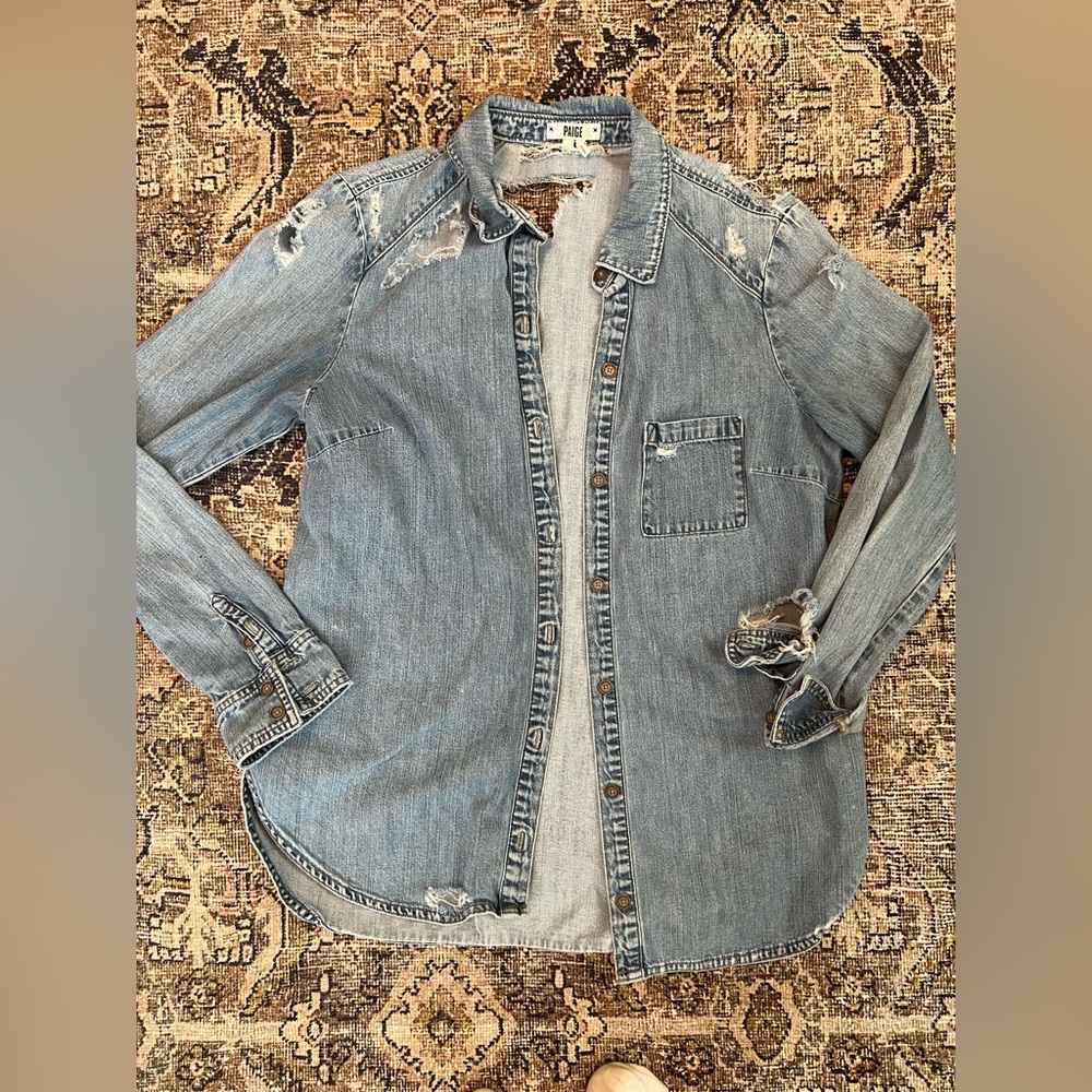 PAIGE Light Blue Distressed Denim Top